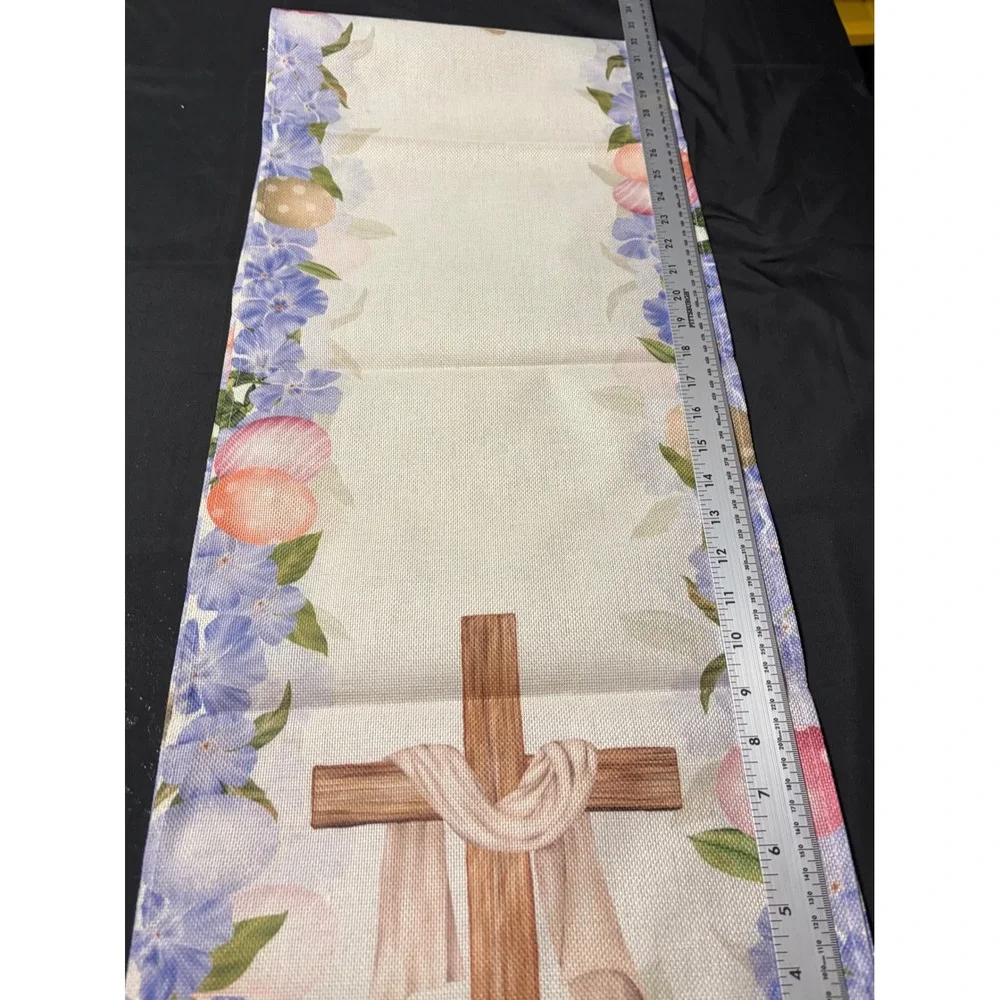 He Is Risen Easter Table Runner Cross Floral Pastel Eggs Spring Farmhouse 13x70